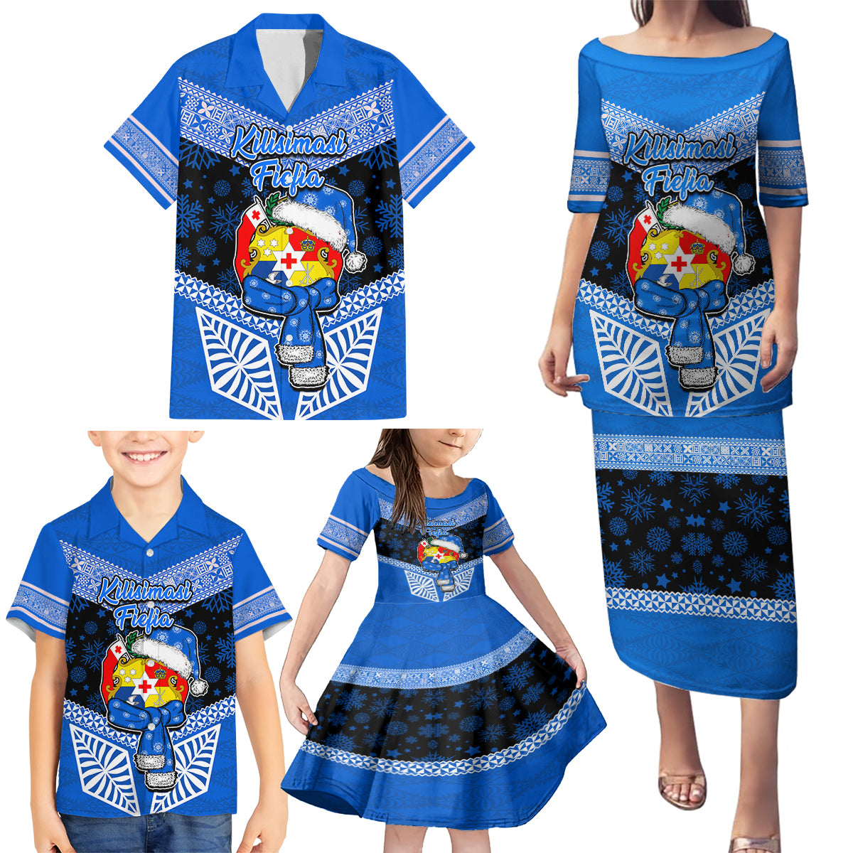 Tonga Christmas Family Matching Puletasi Dress and Hawaiian Shirt Tongan Coat of Arms Santa With Ngatu Pattern Christmas Blue Style LT03 - Polynesian Pride