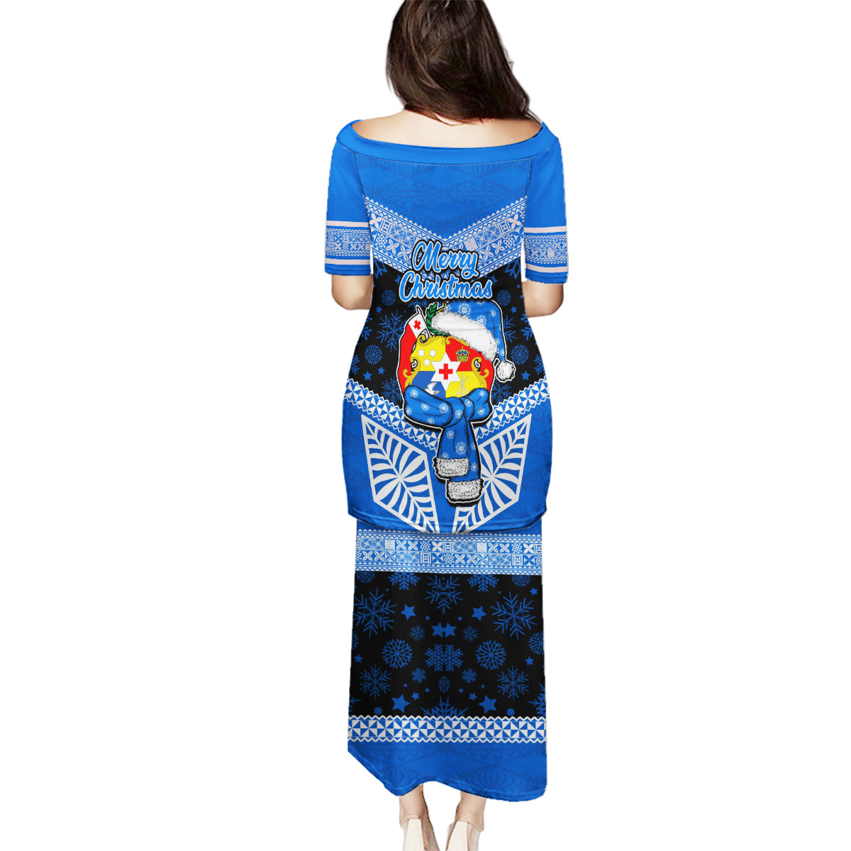 Tonga Christmas Family Matching Puletasi Dress and Hawaiian Shirt Tongan Coat of Arms Santa With Ngatu Pattern Christmas Blue Style LT03 - Polynesian Pride