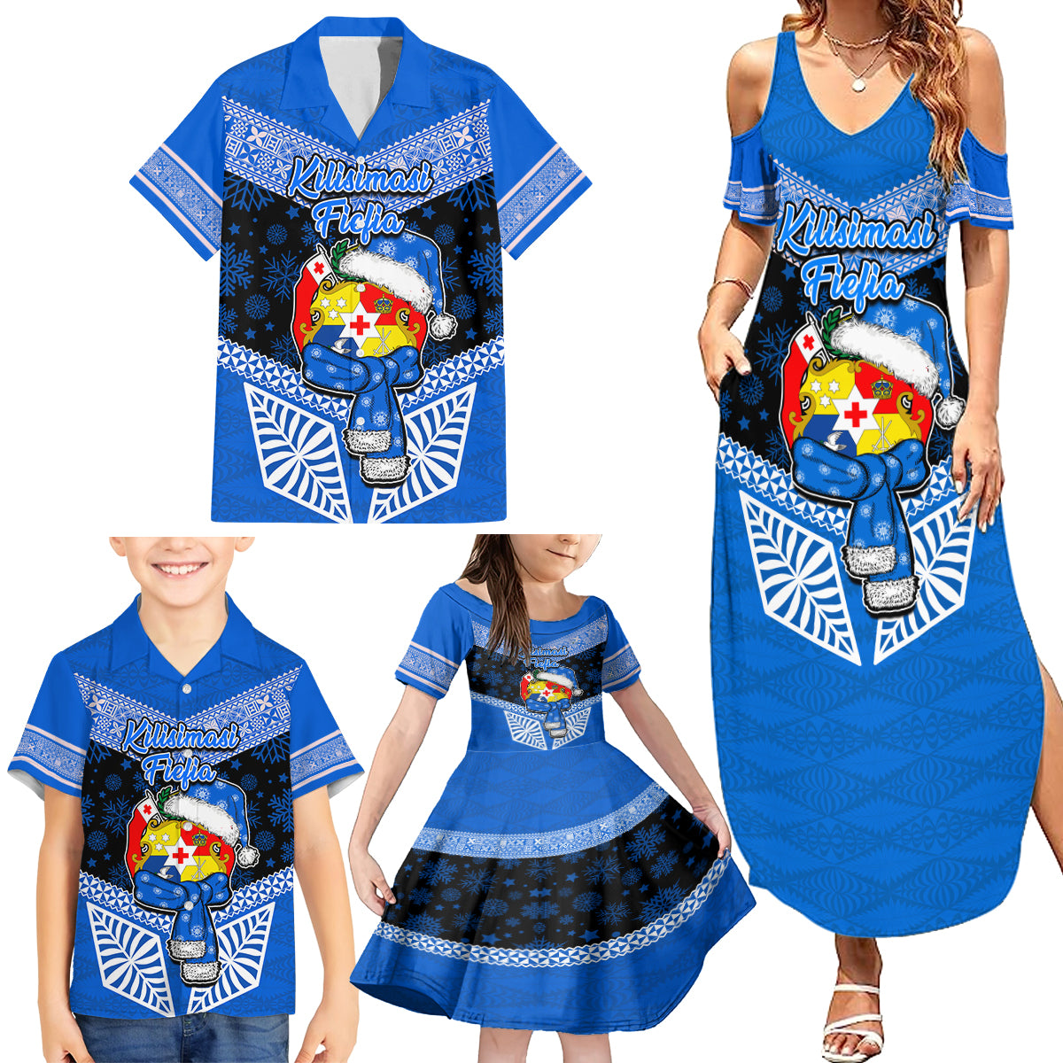 Tonga Christmas Family Matching Summer Maxi Dress and Hawaiian Shirt Tongan Coat of Arms Santa With Ngatu Pattern Christmas Blue Style LT03 - Polynesian Pride