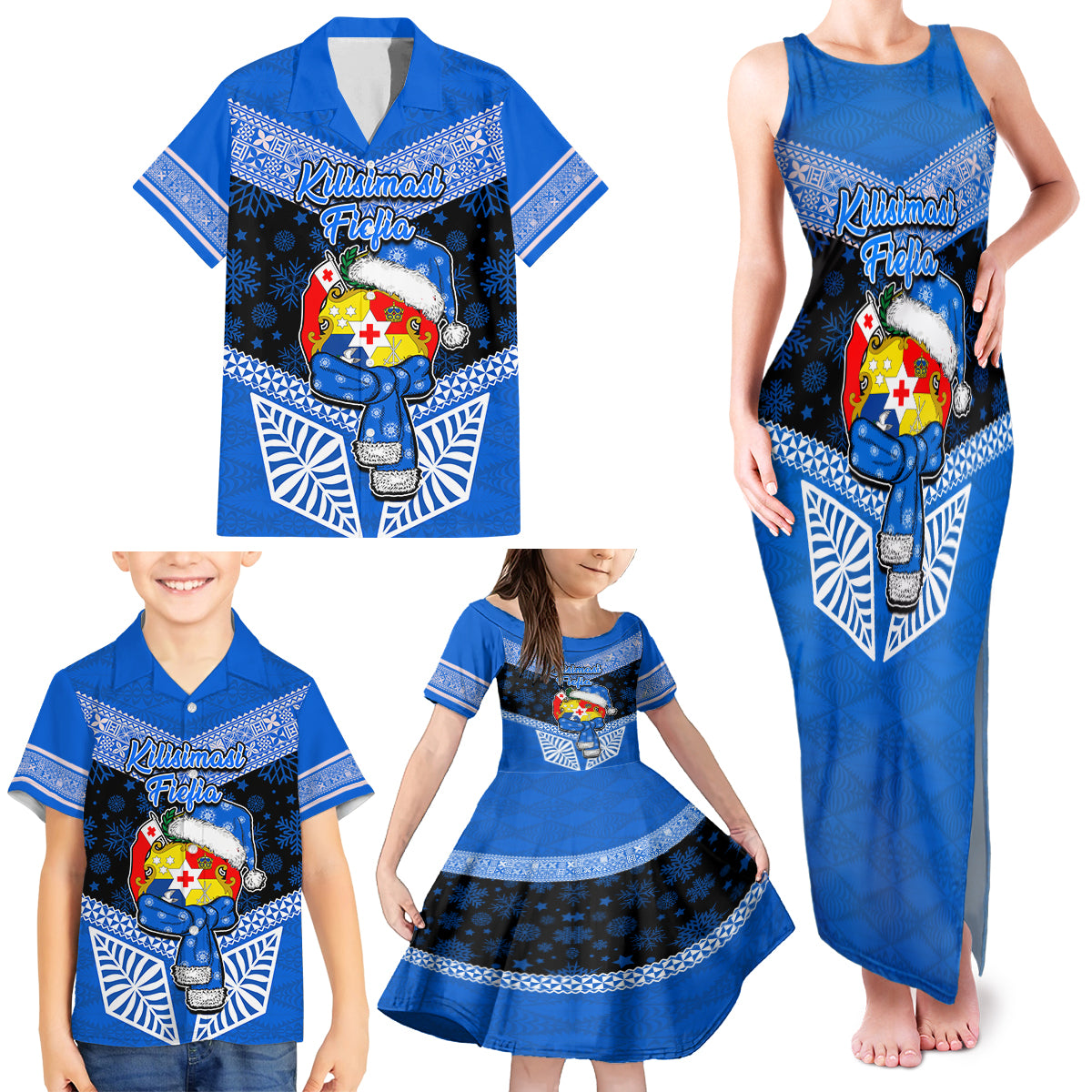 Tonga Christmas Family Matching Tank Maxi Dress and Hawaiian Shirt Tongan Coat of Arms Santa With Ngatu Pattern Christmas Blue Style LT03 - Polynesian Pride