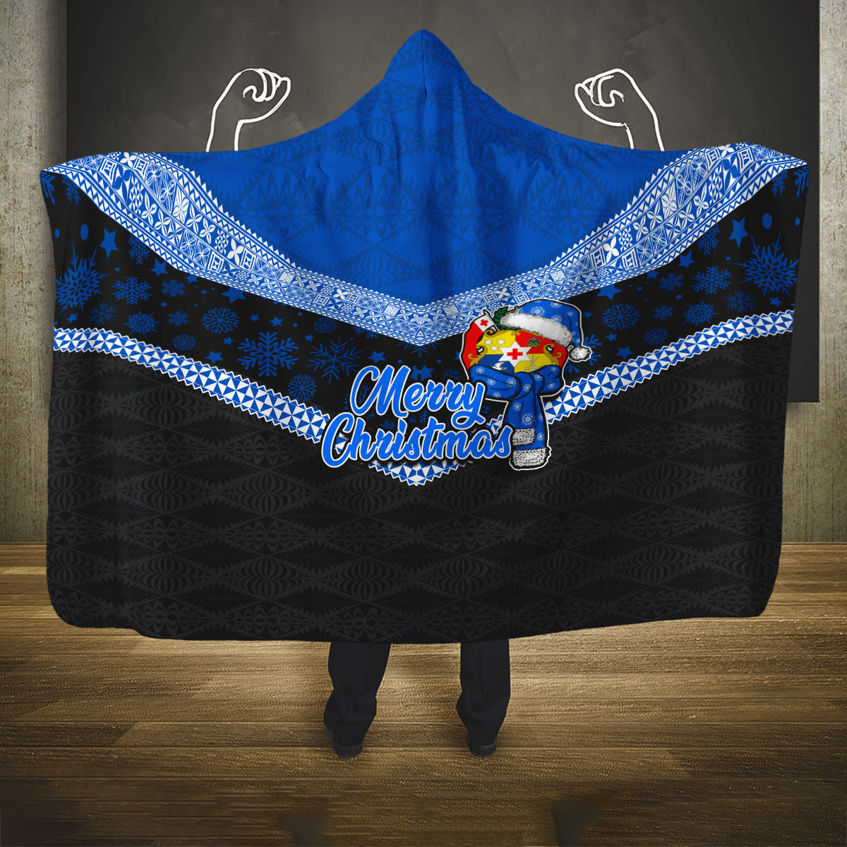 Tonga Christmas Hooded Blanket Tongan Coat of Arms Santa With Ngatu Pattern Christmas Blue Style LT03 One Size Blue - Polynesian Pride