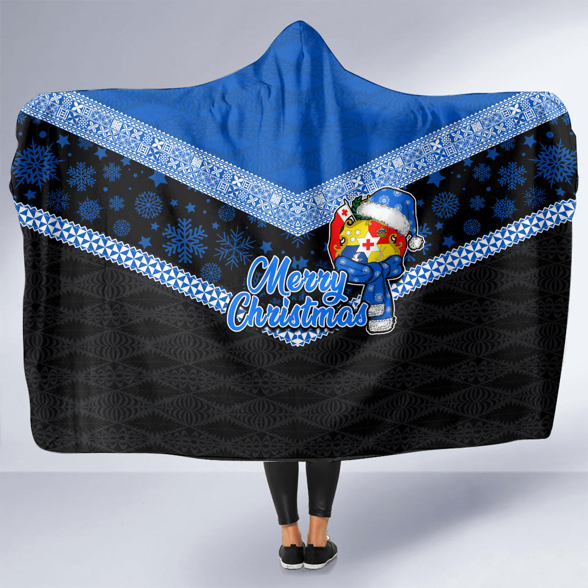 Tonga Christmas Hooded Blanket Tongan Coat of Arms Santa With Ngatu Pattern Christmas Blue Style LT03 - Polynesian Pride
