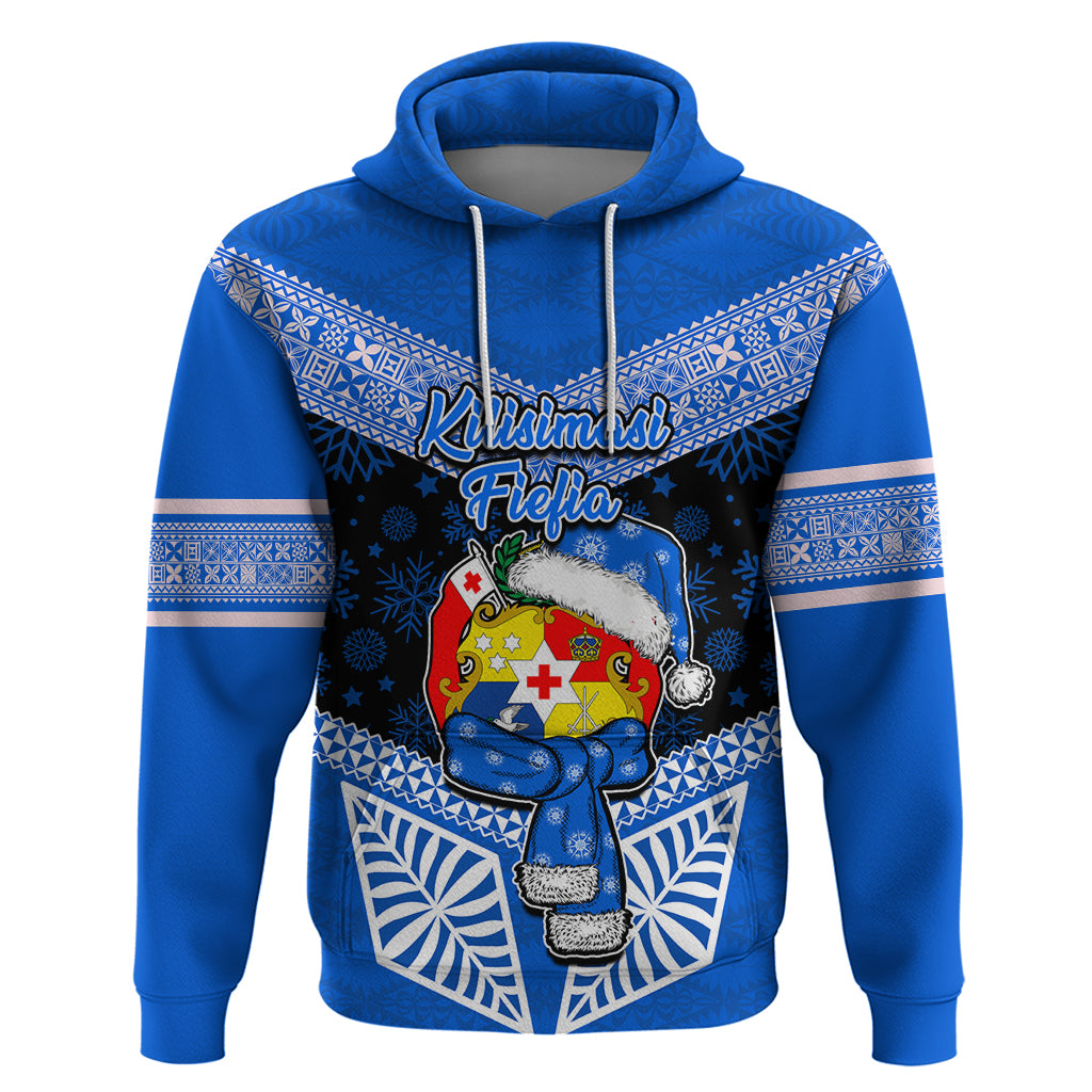 Tonga Christmas Hoodie Tongan Coat of Arms Santa With Ngatu Pattern Christmas Blue Style LT03 Blue - Polynesian Pride