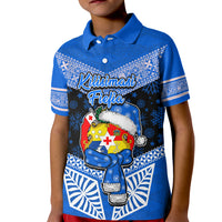 Tonga Christmas Kid Polo Shirt Tongan Coat of Arms Santa With Ngatu Pattern Christmas Blue Style LT03 Kid Blue - Polynesian Pride