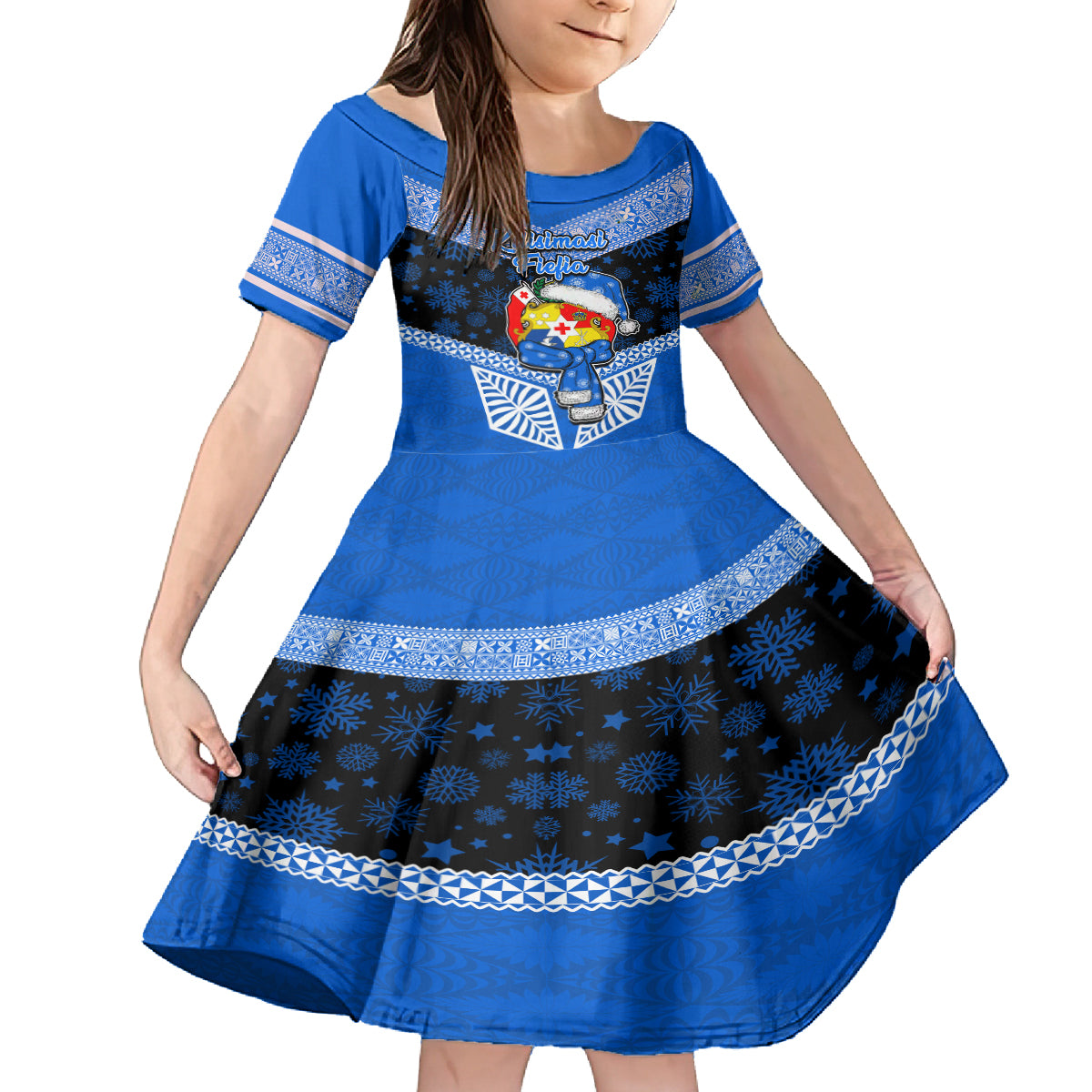 Tonga Christmas Kid Short Sleeve Dress Tongan Coat of Arms Santa With Ngatu Pattern Christmas Blue Style LT03 KID Blue - Polynesian Pride