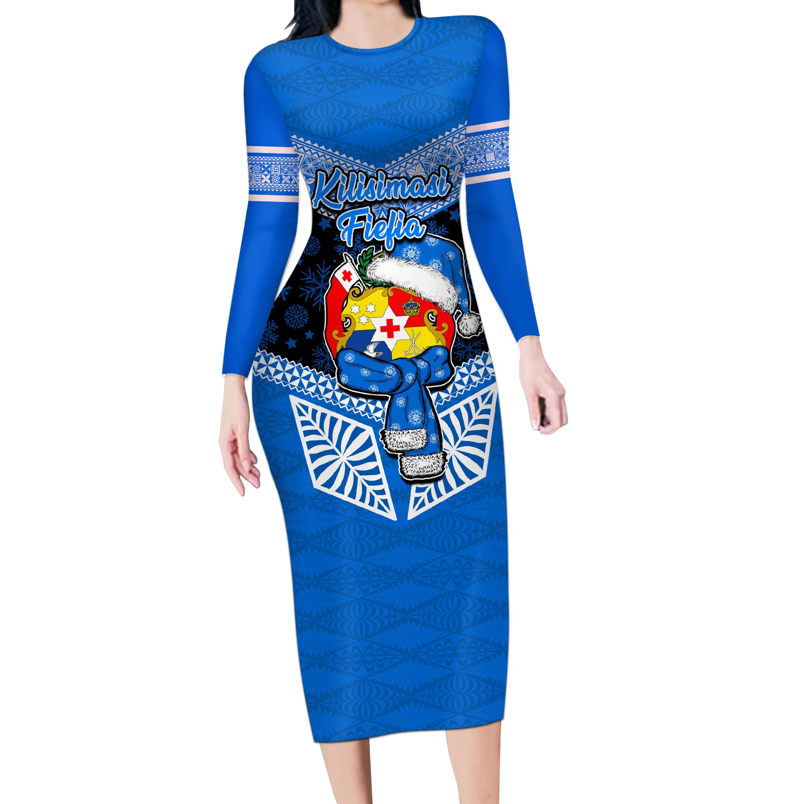 Tonga Christmas Long Sleeve Bodycon Dress Tongan Coat of Arms Santa With Ngatu Pattern Christmas Blue Style LT03 Long Dress Blue - Polynesian Pride