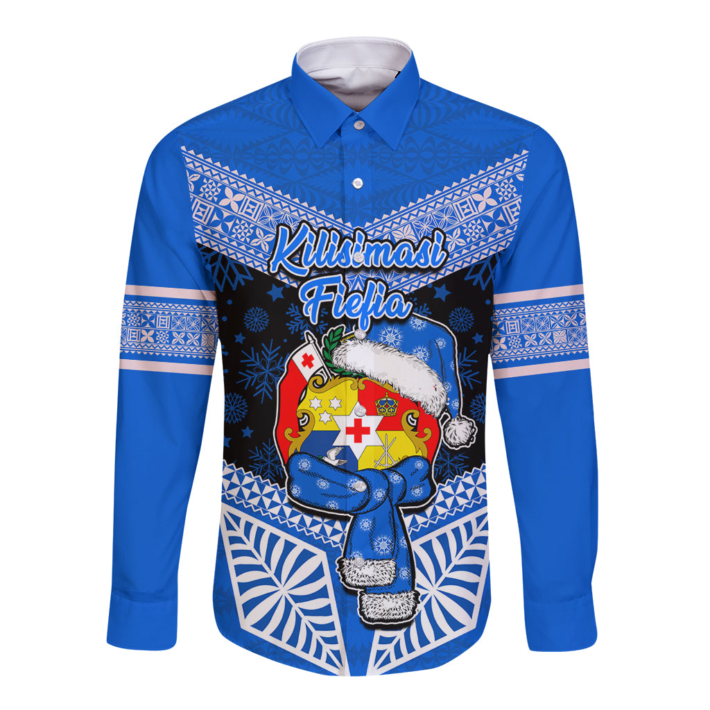 Tonga Christmas Long Sleeve Button Shirt Tongan Coat of Arms Santa With Ngatu Pattern Christmas Blue Style LT03 Unisex Blue - Polynesian Pride
