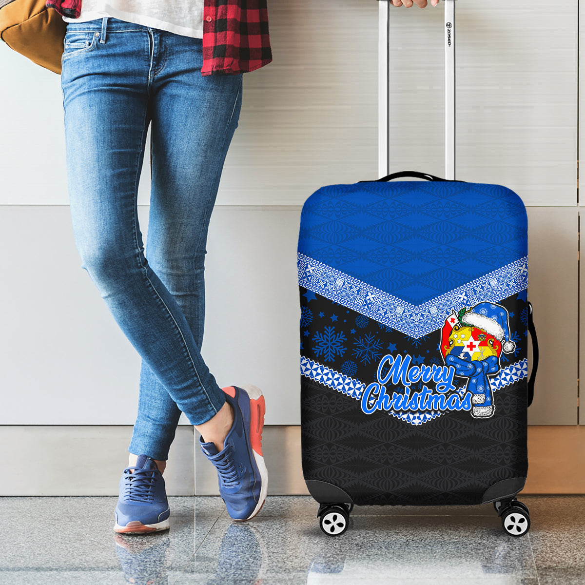 Tonga Christmas Luggage Cover Tongan Coat of Arms Santa With Ngatu Pattern Christmas Blue Style LT03 - Polynesian Pride
