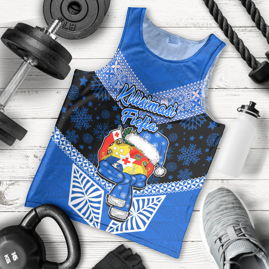 Tonga Christmas Men Tank Top Tongan Coat of Arms Santa With Ngatu Pattern Christmas Blue Style LT03 Blue - Polynesian Pride