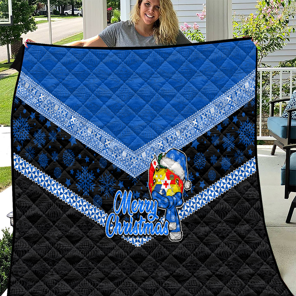 Tonga Christmas Quilt Tongan Coat of Arms Santa With Ngatu Pattern Christmas Blue Style LT03 Blue - Polynesian Pride