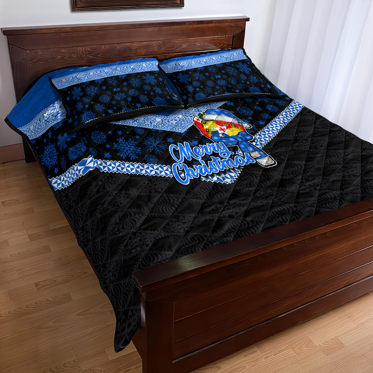Tonga Christmas Quilt Bed Set Tongan Coat of Arms Santa With Ngatu Pattern Christmas Blue Style LT03 - Polynesian Pride