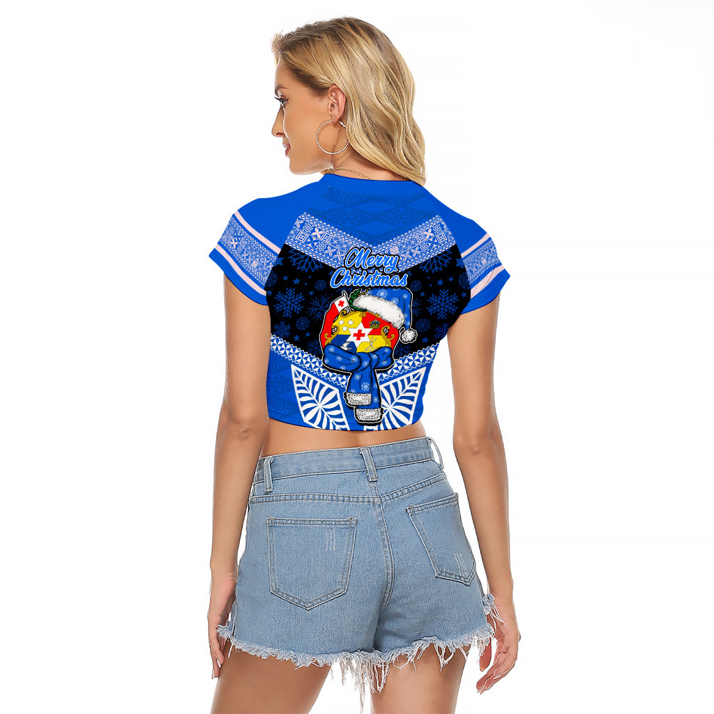 Tonga Christmas Raglan Cropped T Shirt Tongan Coat of Arms Santa With Ngatu Pattern Christmas Blue Style LT03 - Polynesian Pride