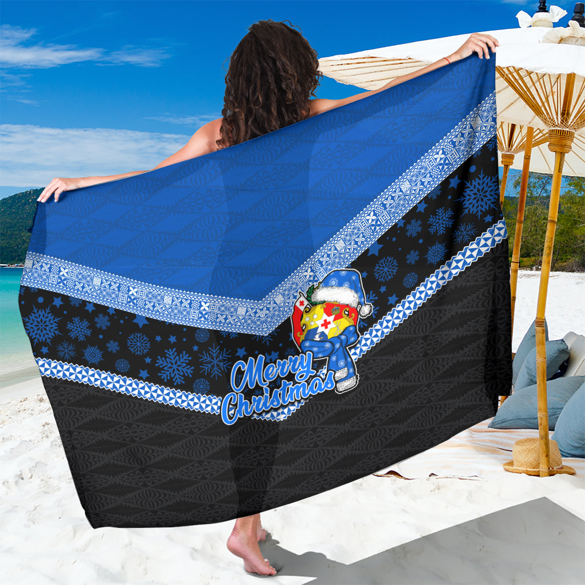 Tonga Christmas Sarong Tongan Coat of Arms Santa With Ngatu Pattern Christmas Blue Style LT03 One Size 44 x 66 inches Blue - Polynesian Pride