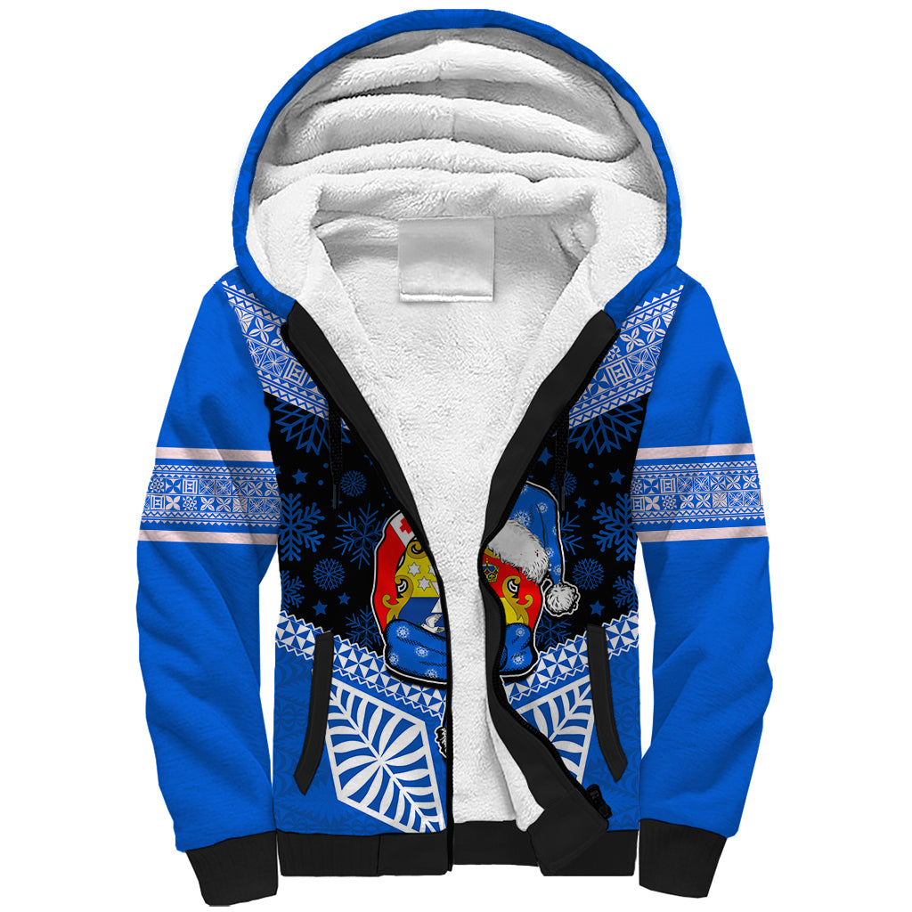 Tonga Christmas Sherpa Hoodie Tongan Coat of Arms Santa With Ngatu Pattern Christmas Blue Style LT03 Unisex Blue - Polynesian Pride