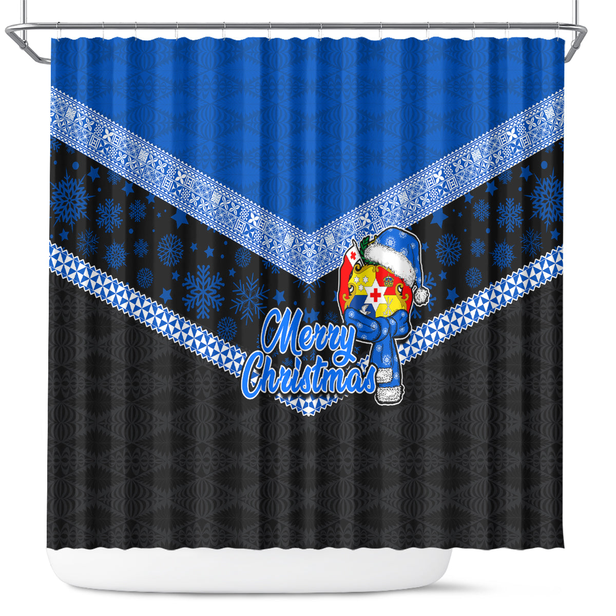 Tonga Christmas Shower Curtain Tongan Coat of Arms Santa With Ngatu Pattern Christmas Blue Style LT03 Blue - Polynesian Pride