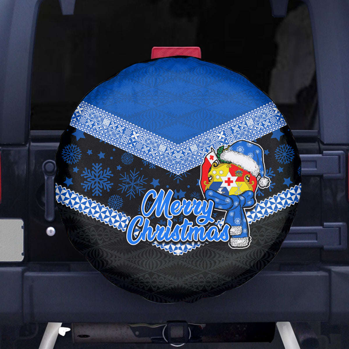 Tonga Christmas Spare Tire Cover Tongan Coat of Arms Santa With Ngatu Pattern Christmas Blue Style LT03 Blue - Polynesian Pride