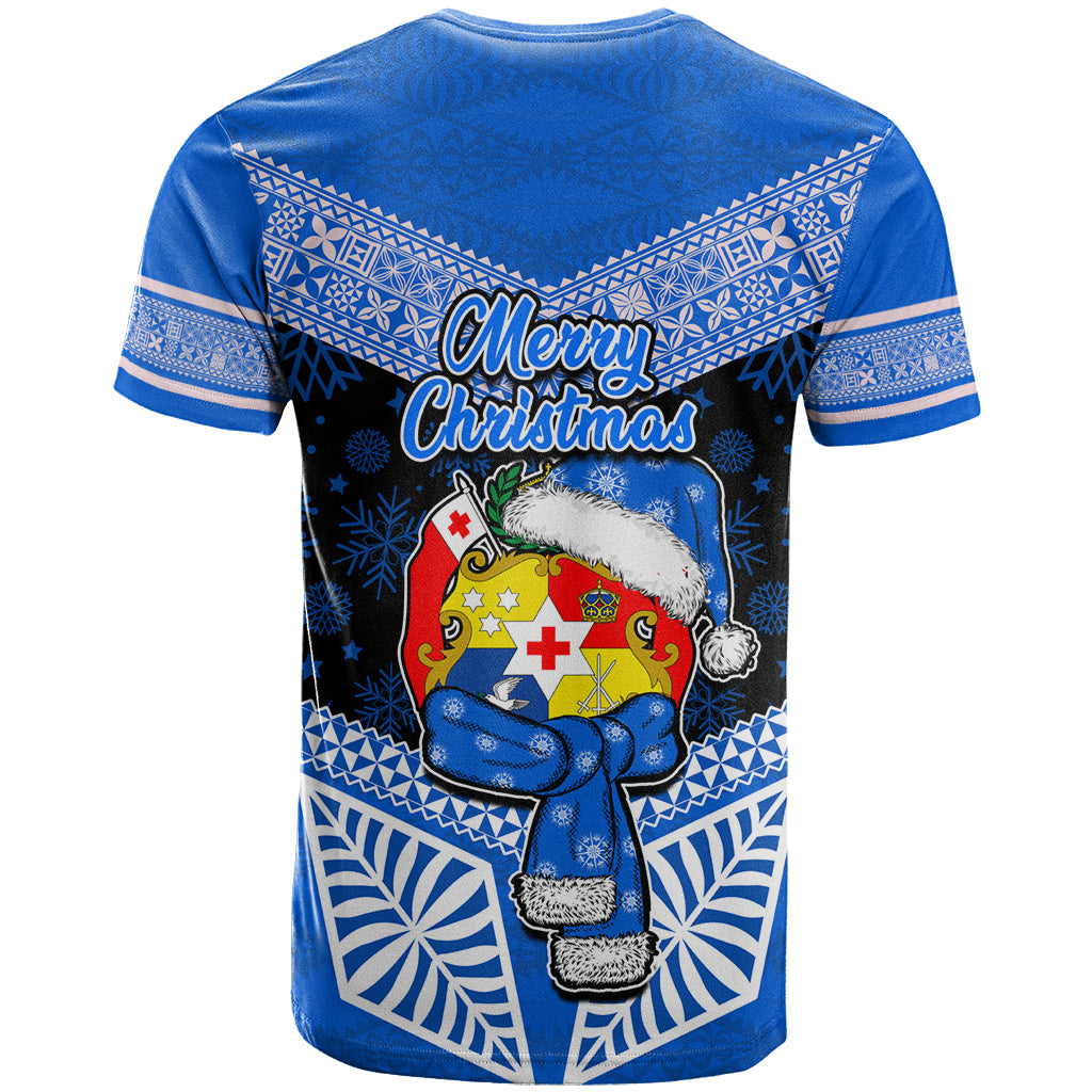 Tonga Christmas T Shirt Tongan Coat of Arms Santa With Ngatu Pattern Christmas Blue Style LT03 - Polynesian Pride
