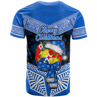 Tonga Christmas T Shirt Tongan Coat of Arms Santa With Ngatu Pattern Christmas Blue Style LT03 - Polynesian Pride