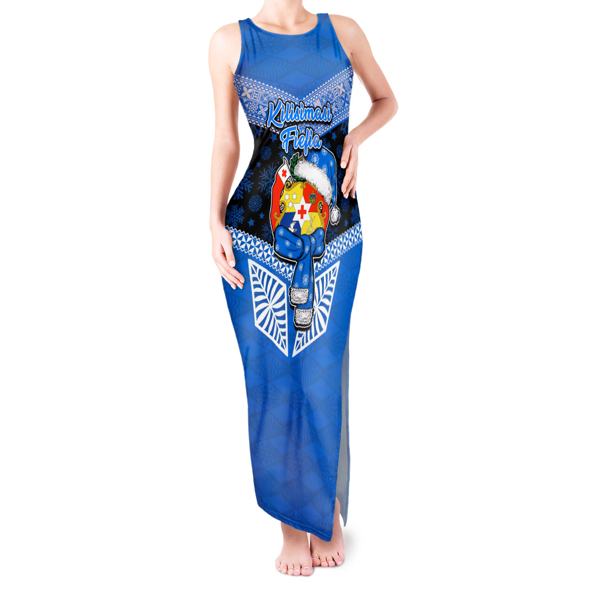 Tonga Christmas Tank Maxi Dress Tongan Coat of Arms Santa With Ngatu Pattern Christmas Blue Style LT03 Women Blue - Polynesian Pride