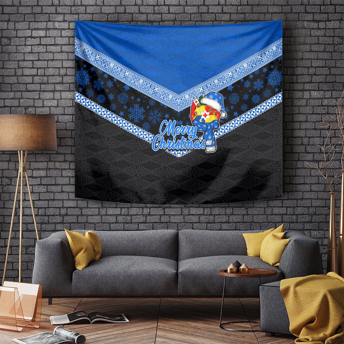 Tonga Christmas Tapestry Tongan Coat of Arms Santa With Ngatu Pattern Christmas Blue Style LT03 Blue - Polynesian Pride