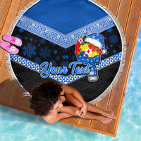 Personalised Tonga Christmas Beach Blanket Tongan Coat of Arms Santa With Ngatu Pattern Christmas Blue Style LT03 - Wonder Print Shop