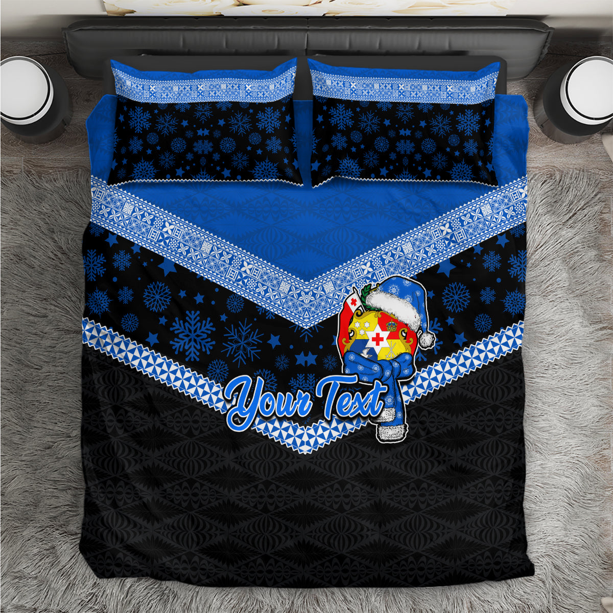 Personalised Tonga Christmas Bedding Set Tongan Coat of Arms Santa With Ngatu Pattern Christmas Blue Style LT03 Blue - Polynesian Pride