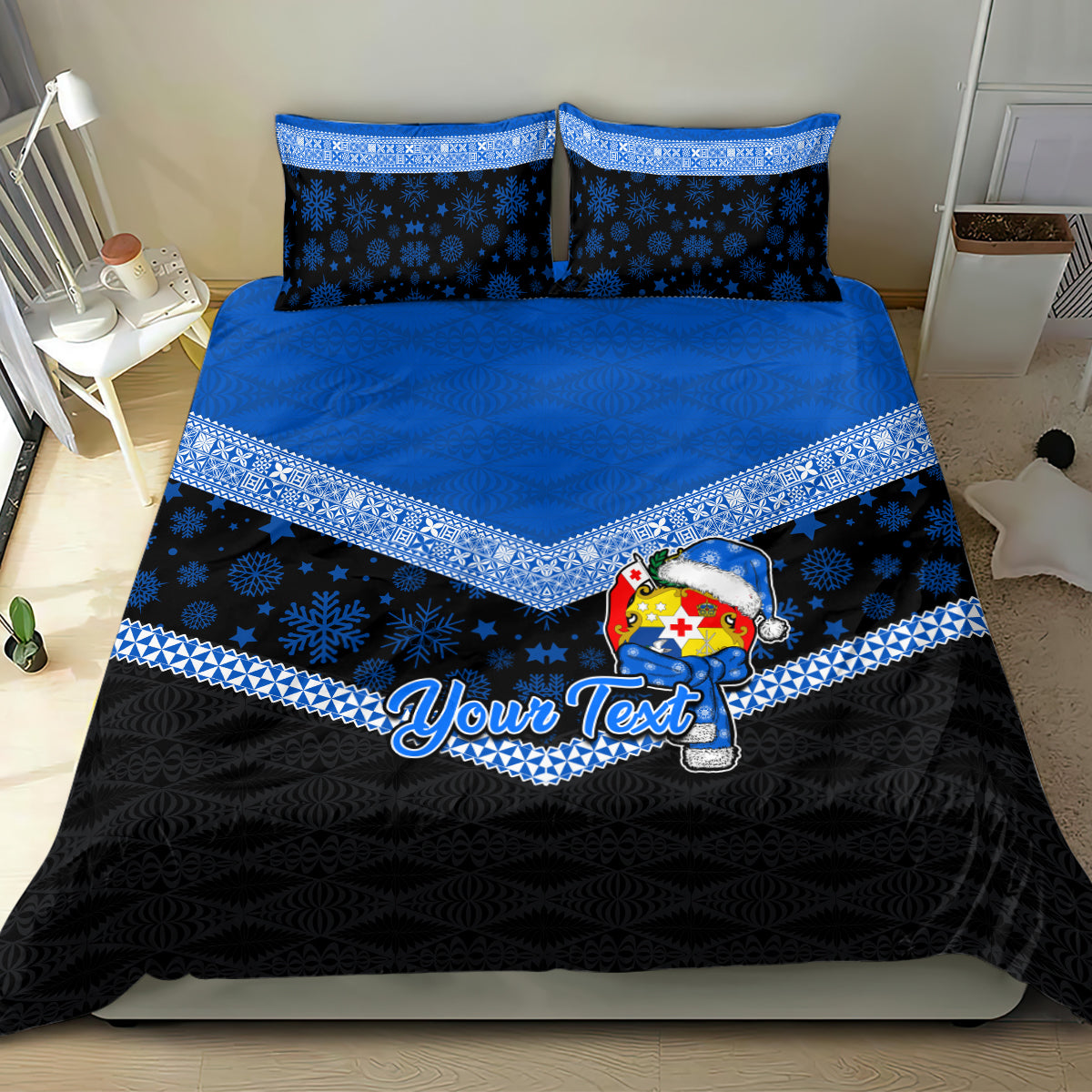 Personalised Tonga Christmas Bedding Set Tongan Coat of Arms Santa With Ngatu Pattern Christmas Blue Style LT03 - Polynesian Pride