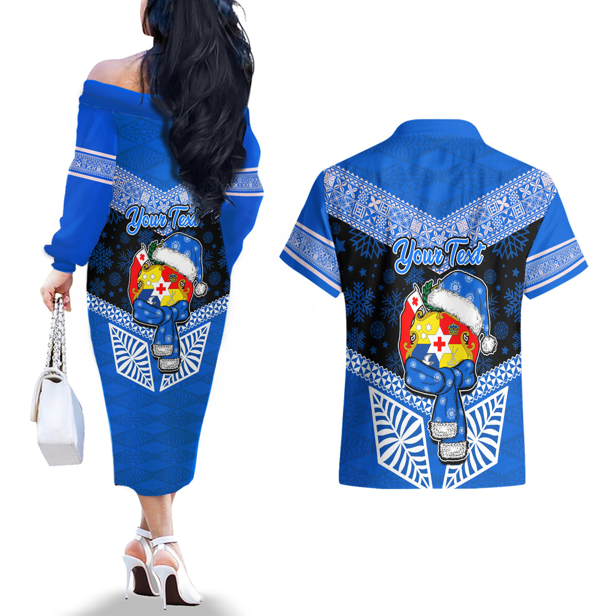Personalised Tonga Christmas Couples Matching Off The Shoulder Long Sleeve Dress and Hawaiian Shirt Tongan Coat of Arms Santa With Ngatu Pattern Christmas Blue Style LT03 - Polynesian Pride