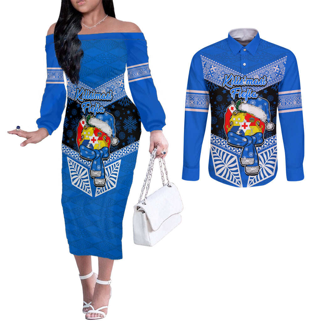 Personalised Tonga Christmas Couples Matching Off The Shoulder Long Sleeve Dress and Long Sleeve Button Shirts Tongan Coat of Arms Santa With Ngatu Pattern Christmas Blue Style LT03 Blue - Polynesian Pride