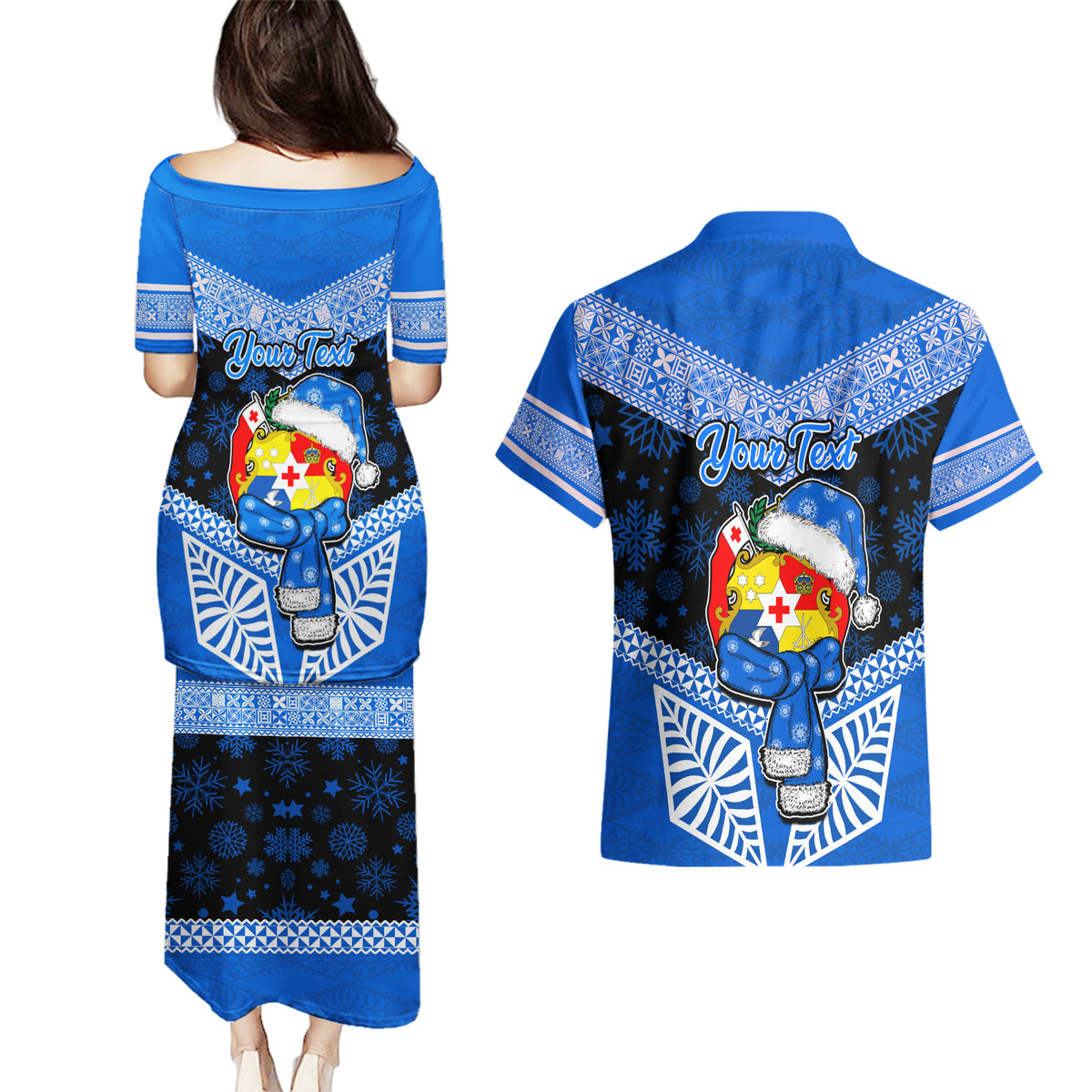Personalised Tonga Christmas Couples Matching Puletasi Dress and Hawaiian Shirt Tongan Coat of Arms Santa With Ngatu Pattern Christmas Blue Style LT03 - Polynesian Pride