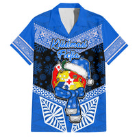 Personalised Tonga Christmas Family Matching Long Sleeve Bodycon Dress and Hawaiian Shirt Tongan Coat of Arms Santa With Ngatu Pattern Christmas Blue Style LT03 Dad's Shirt - Short Sleeve Blue - Polynesian Pride