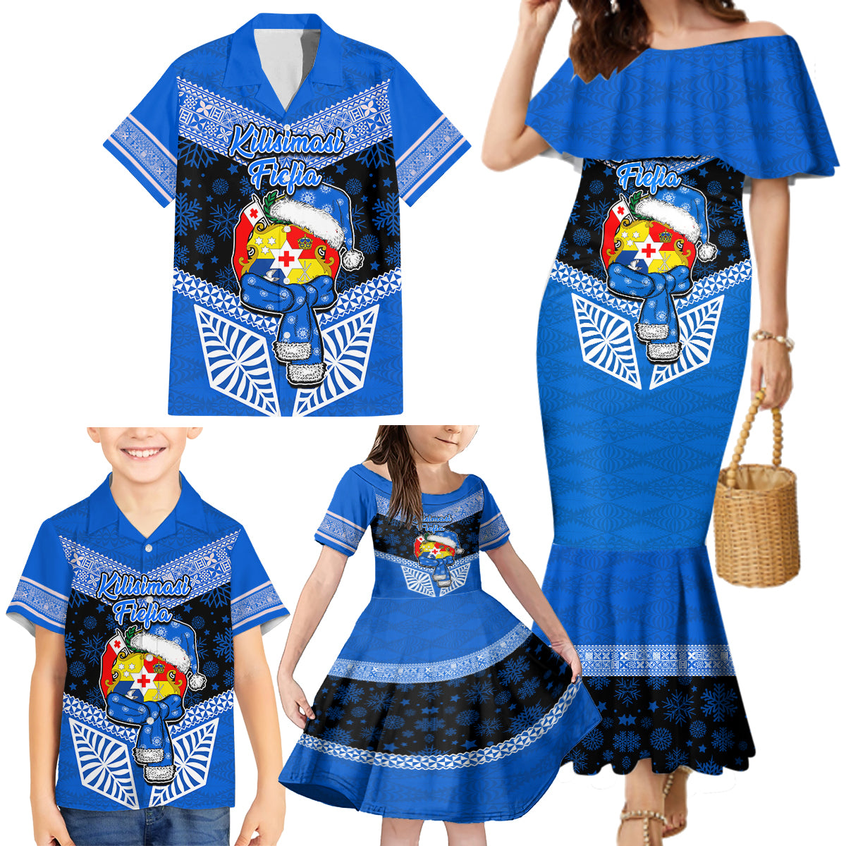 Personalised Tonga Christmas Family Matching Mermaid Dress and Hawaiian Shirt Tongan Coat of Arms Santa With Ngatu Pattern Christmas Blue Style LT03 - Polynesian Pride