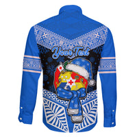 Personalised Tonga Christmas Family Matching Off Shoulder Long Sleeve Dress and Hawaiian Shirt Tongan Coat of Arms Santa With Ngatu Pattern Christmas Blue Style LT03 - Polynesian Pride