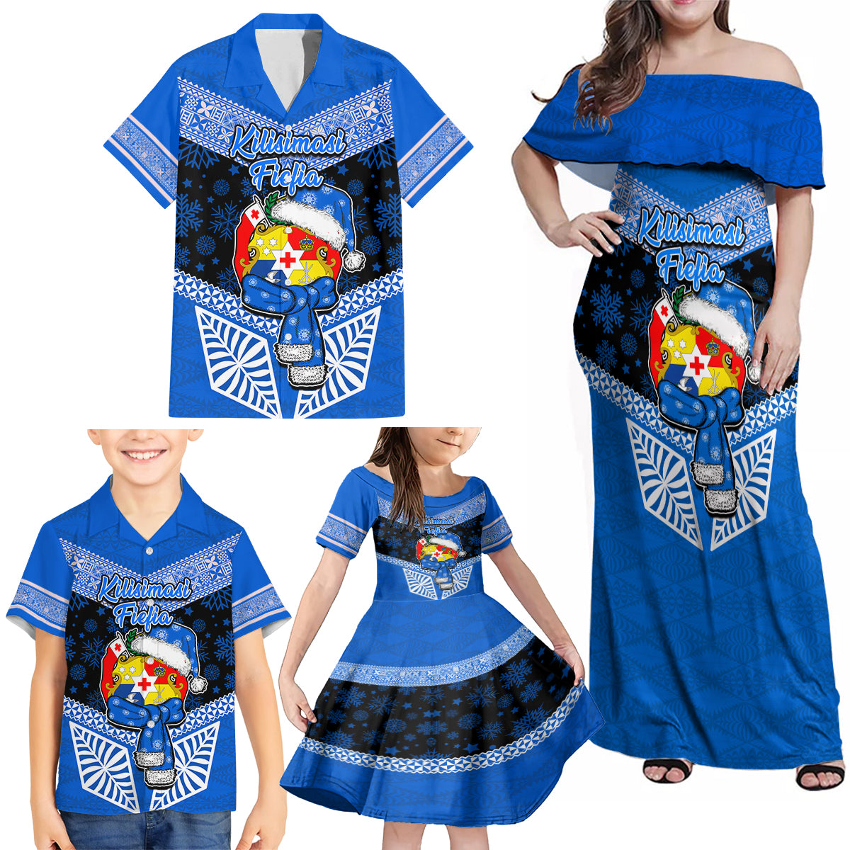 Personalised Tonga Christmas Family Matching Off Shoulder Maxi Dress and Hawaiian Shirt Tongan Coat of Arms Santa With Ngatu Pattern Christmas Blue Style LT03 - Polynesian Pride