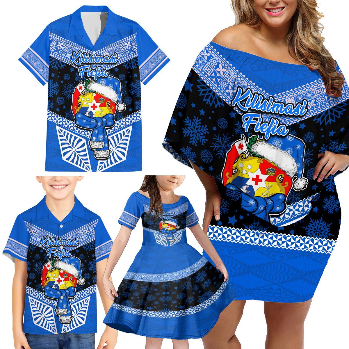 Personalised Tonga Christmas Family Matching Off Shoulder Short Dress and Hawaiian Shirt Tongan Coat of Arms Santa With Ngatu Pattern Christmas Blue Style LT03 - Polynesian Pride