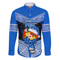 Personalised Tonga Christmas Family Matching Short Sleeve Bodycon Dress and Hawaiian Shirt Tongan Coat of Arms Santa With Ngatu Pattern Christmas Blue Style LT03 Dad's Shirt - Long Sleeve Blue - Polynesian Pride