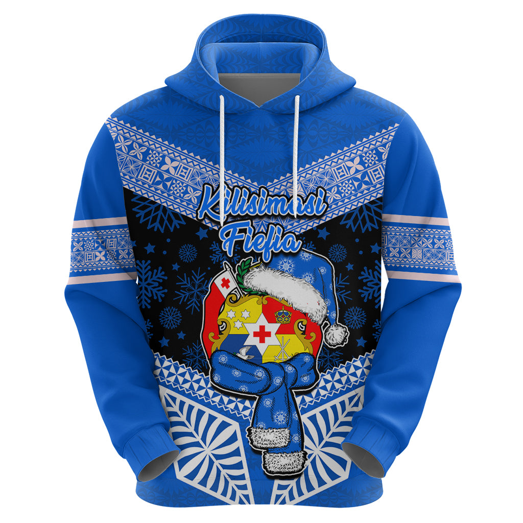 Personalised Tonga Christmas Hoodie Tongan Coat of Arms Santa With Ngatu Pattern Christmas Blue Style LT03 - Polynesian Pride