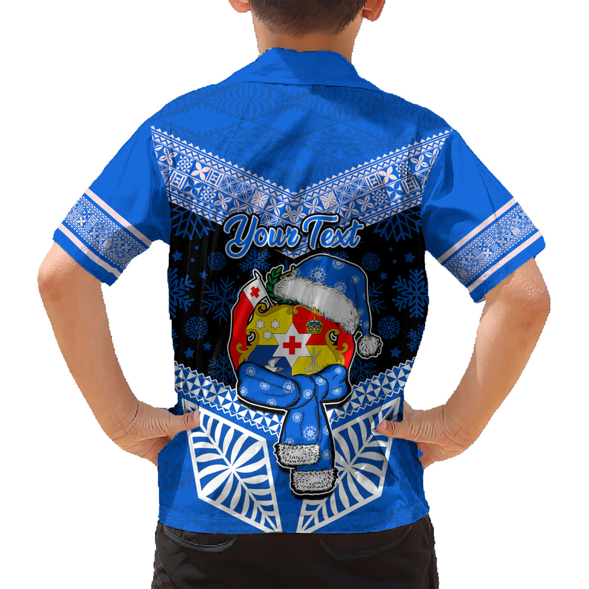 Personalised Tonga Christmas Kid Hawaiian Shirt Tongan Coat of Arms Santa With Ngatu Pattern Christmas Blue Style LT03 - Polynesian Pride