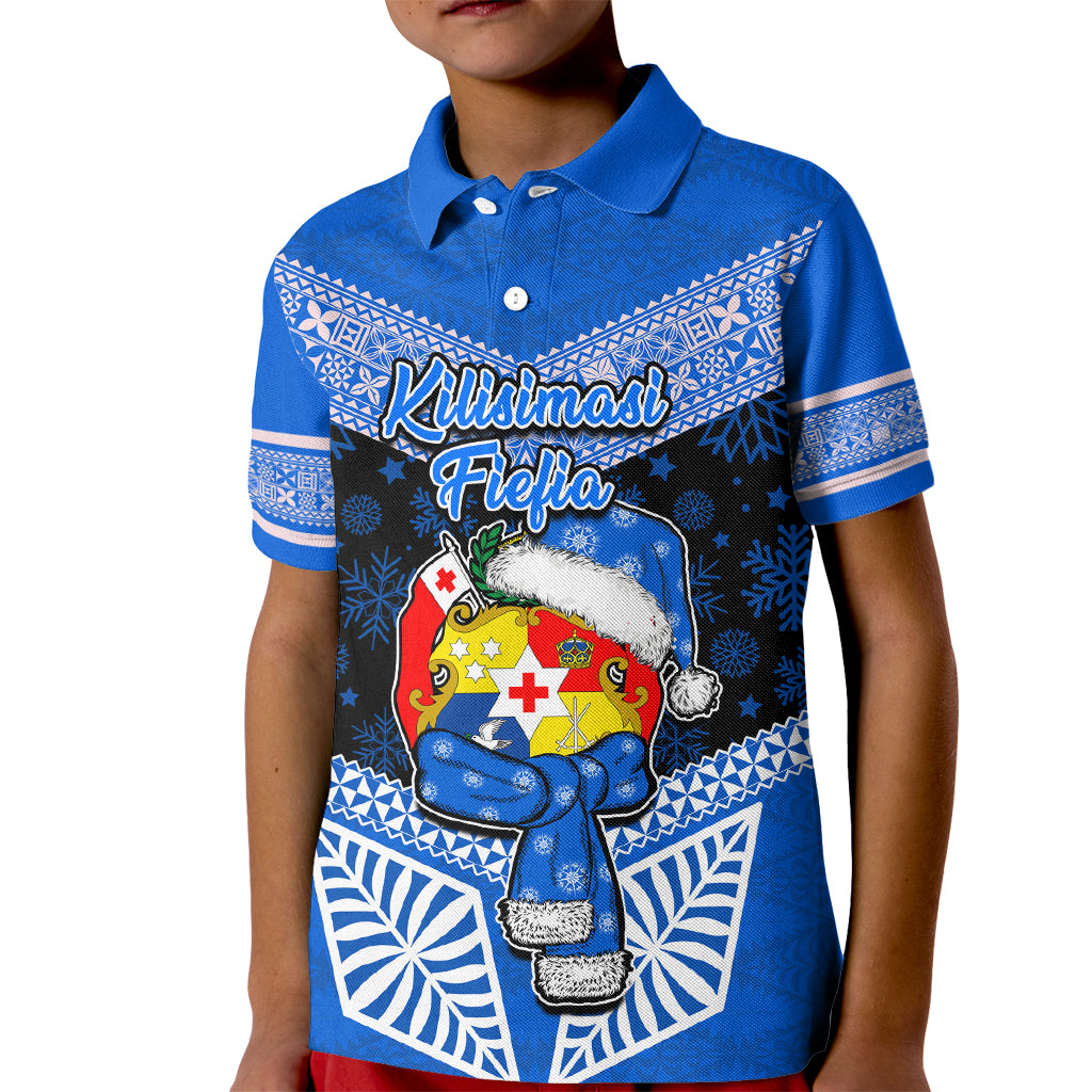 Personalised Tonga Christmas Kid Polo Shirt Tongan Coat of Arms Santa With Ngatu Pattern Christmas Blue Style LT03 Kid Blue - Polynesian Pride