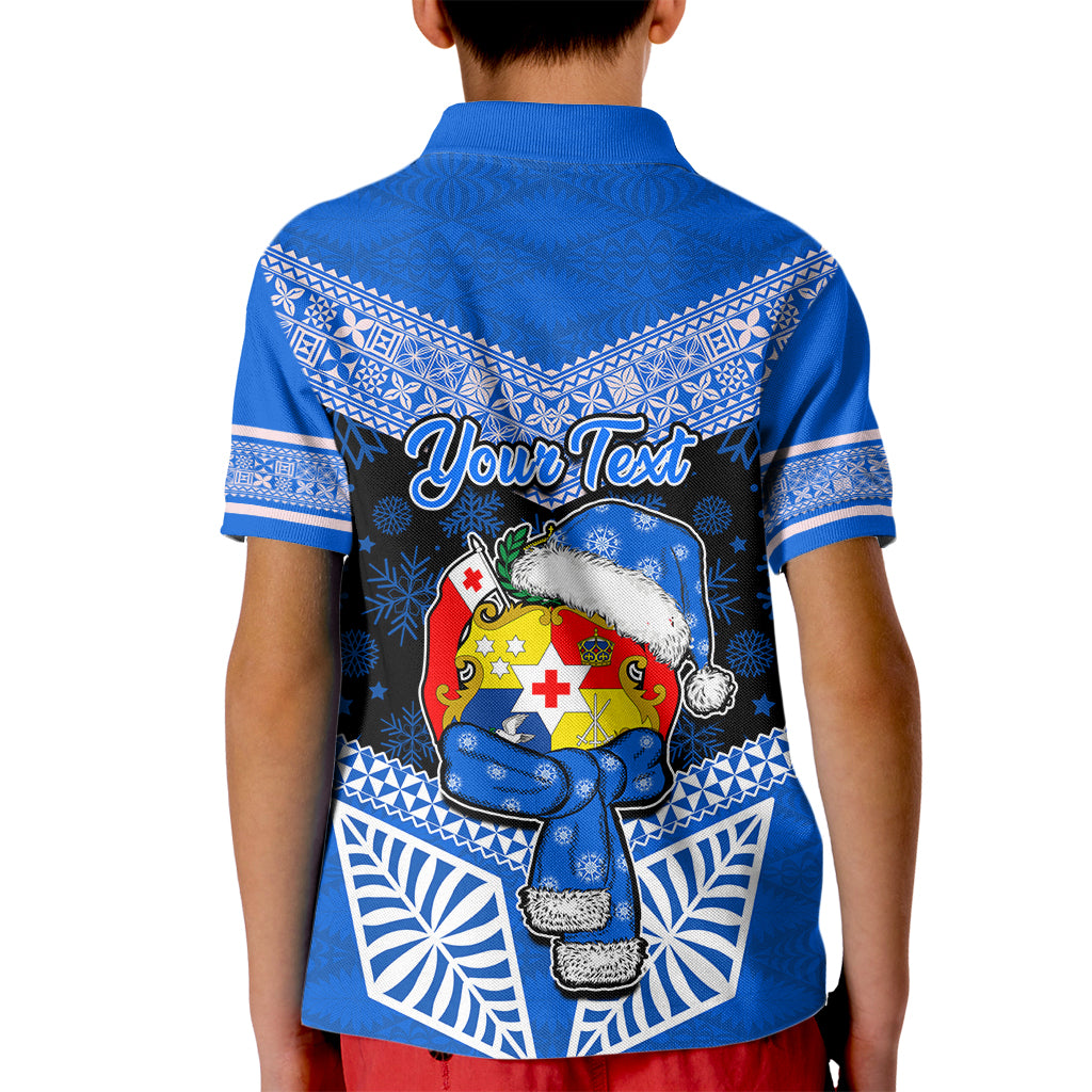 Personalised Tonga Christmas Kid Polo Shirt Tongan Coat of Arms Santa With Ngatu Pattern Christmas Blue Style LT03 - Polynesian Pride