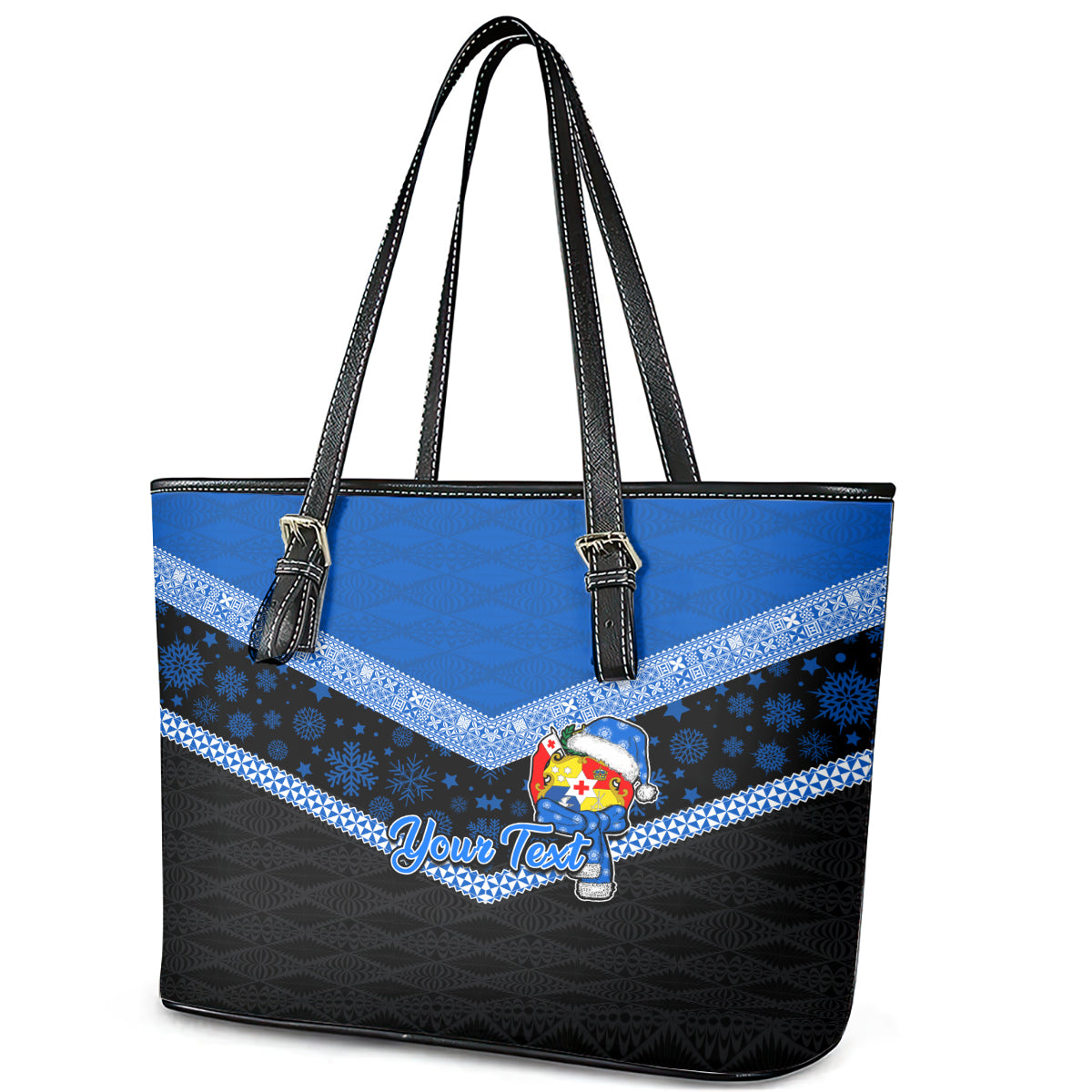 Personalised Tonga Christmas Leather Tote Bag Tongan Coat of Arms Santa With Ngatu Pattern Christmas Blue Style LT03 - Polynesian Pride