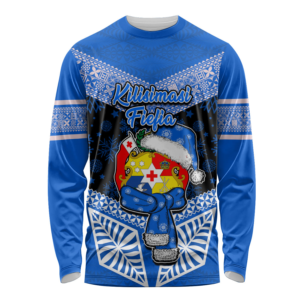 Personalised Tonga Christmas Long Sleeve Shirt Tongan Coat of Arms Santa With Ngatu Pattern Christmas Blue Style LT03 Unisex Blue - Polynesian Pride