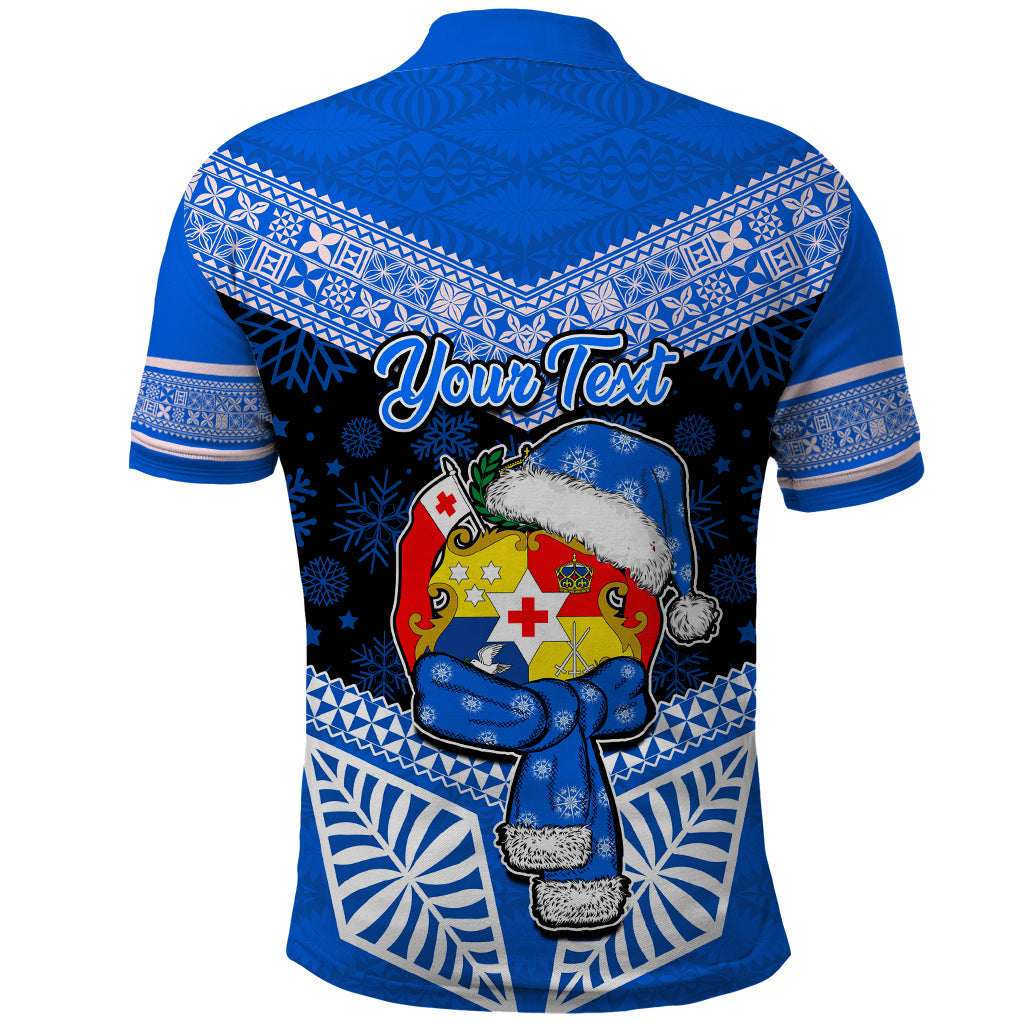 Personalised Tonga Christmas Polo Shirt Tongan Coat of Arms Santa With Ngatu Pattern Christmas Blue Style LT03 - Polynesian Pride