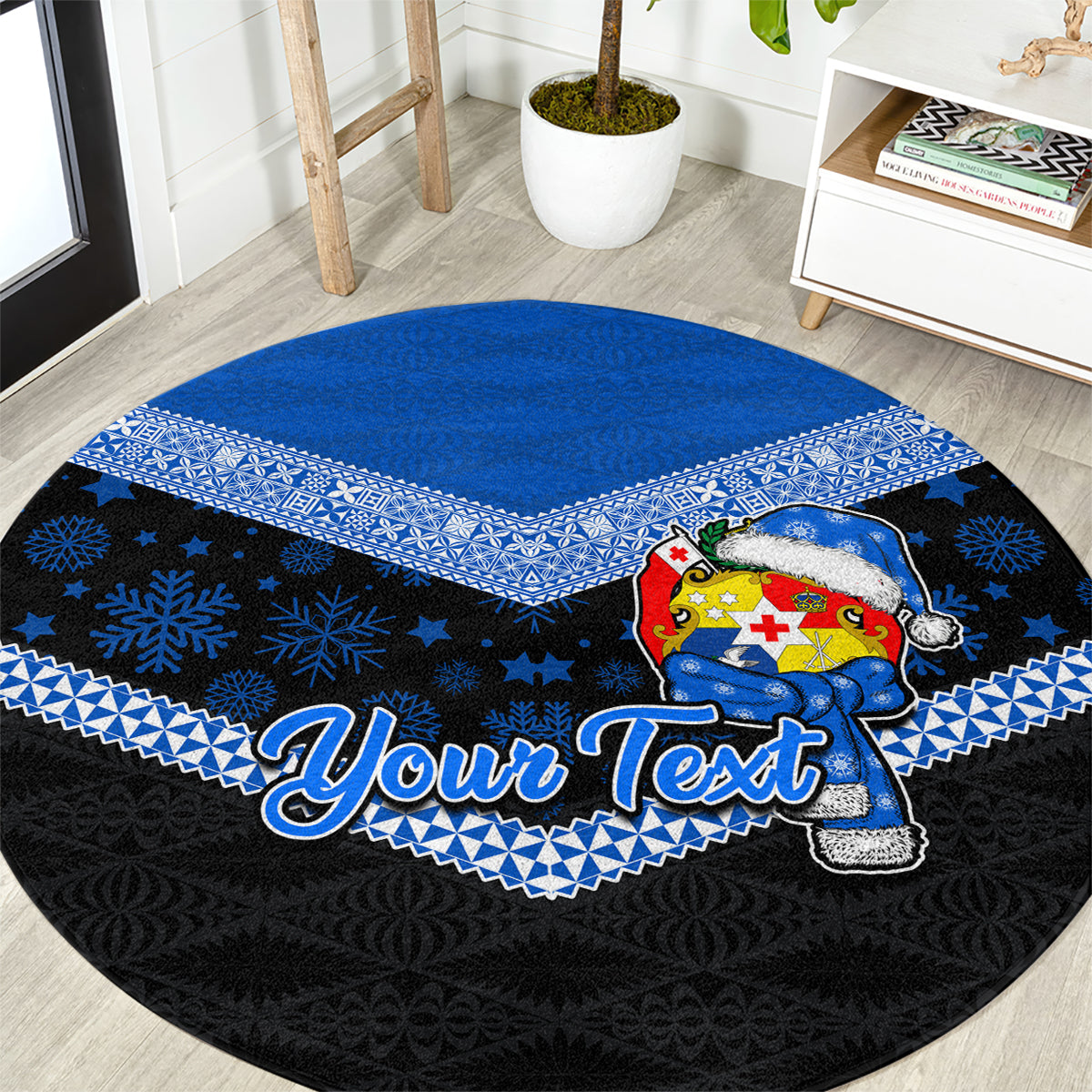 Personalised Tonga Christmas Round Carpet Tongan Coat of Arms Santa With Ngatu Pattern Christmas Blue Style LT03 Blue - Polynesian Pride