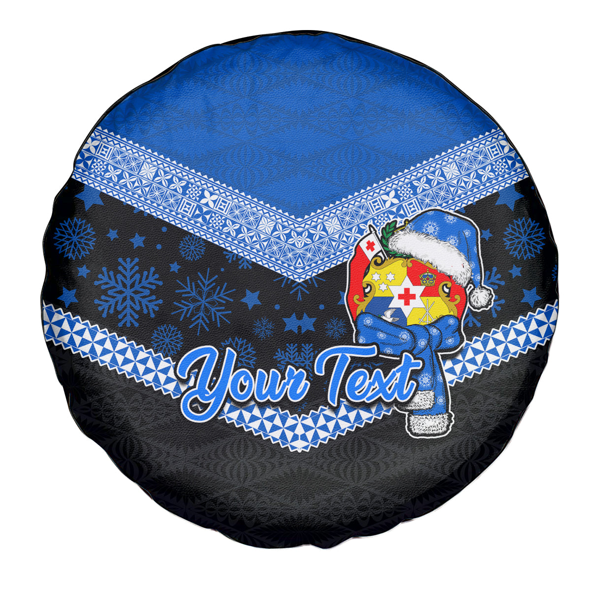 Personalised Tonga Christmas Spare Tire Cover Tongan Coat of Arms Santa With Ngatu Pattern Christmas Blue Style LT03 - Polynesian Pride