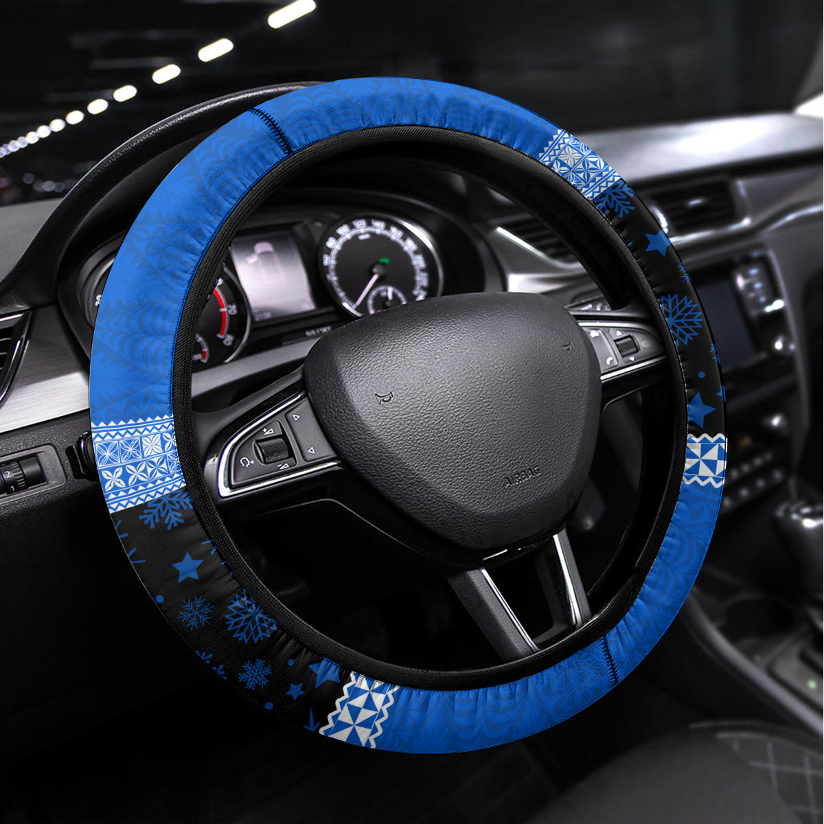 Personalised Tonga Christmas Steering Wheel Cover Tongan Coat of Arms Santa With Ngatu Pattern Christmas Blue Style