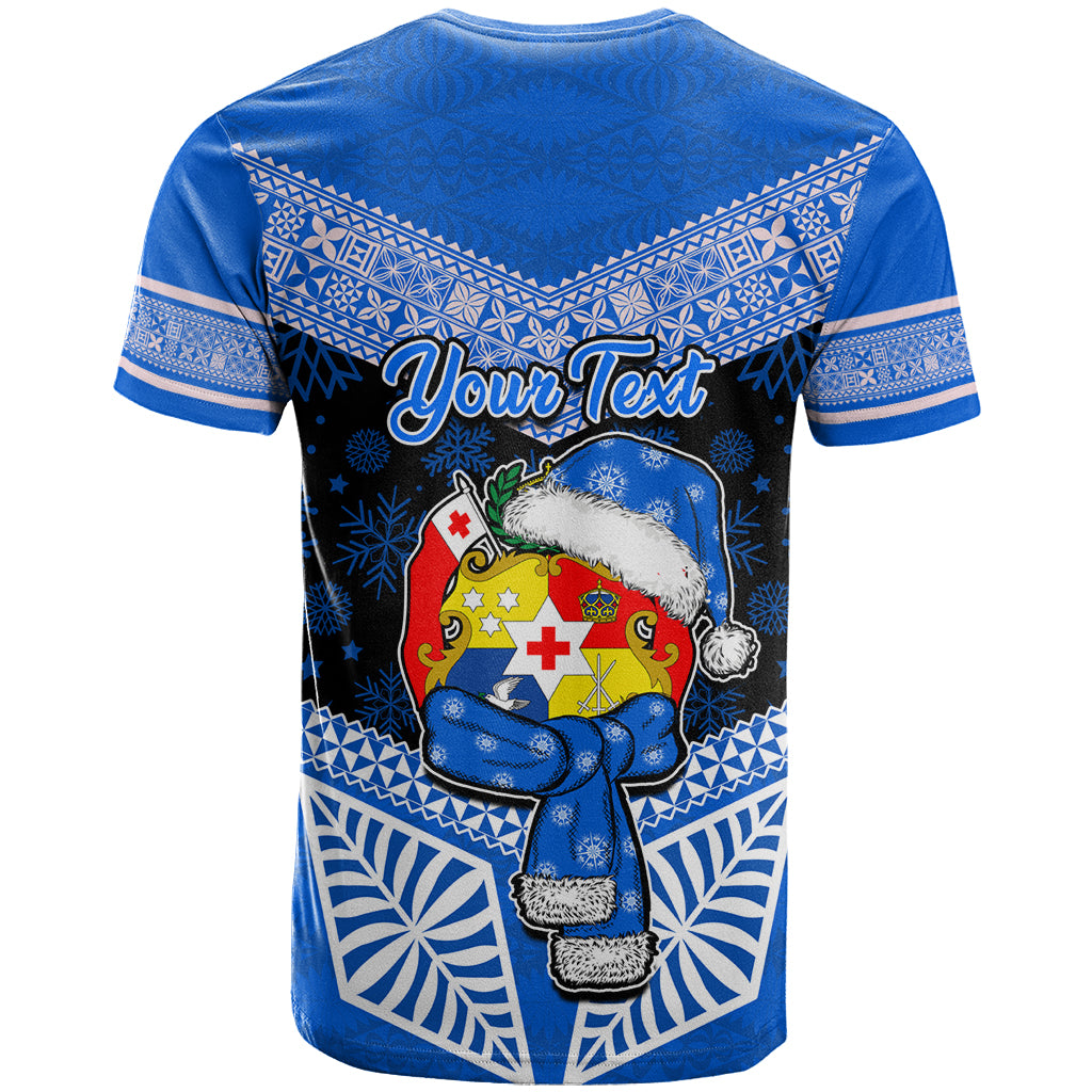 Personalised Tonga Christmas T Shirt Tongan Coat of Arms Santa With Ngatu Pattern Christmas Blue Style LT03 - Polynesian Pride