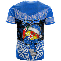 Personalised Tonga Christmas T Shirt Tongan Coat of Arms Santa With Ngatu Pattern Christmas Blue Style LT03 - Polynesian Pride