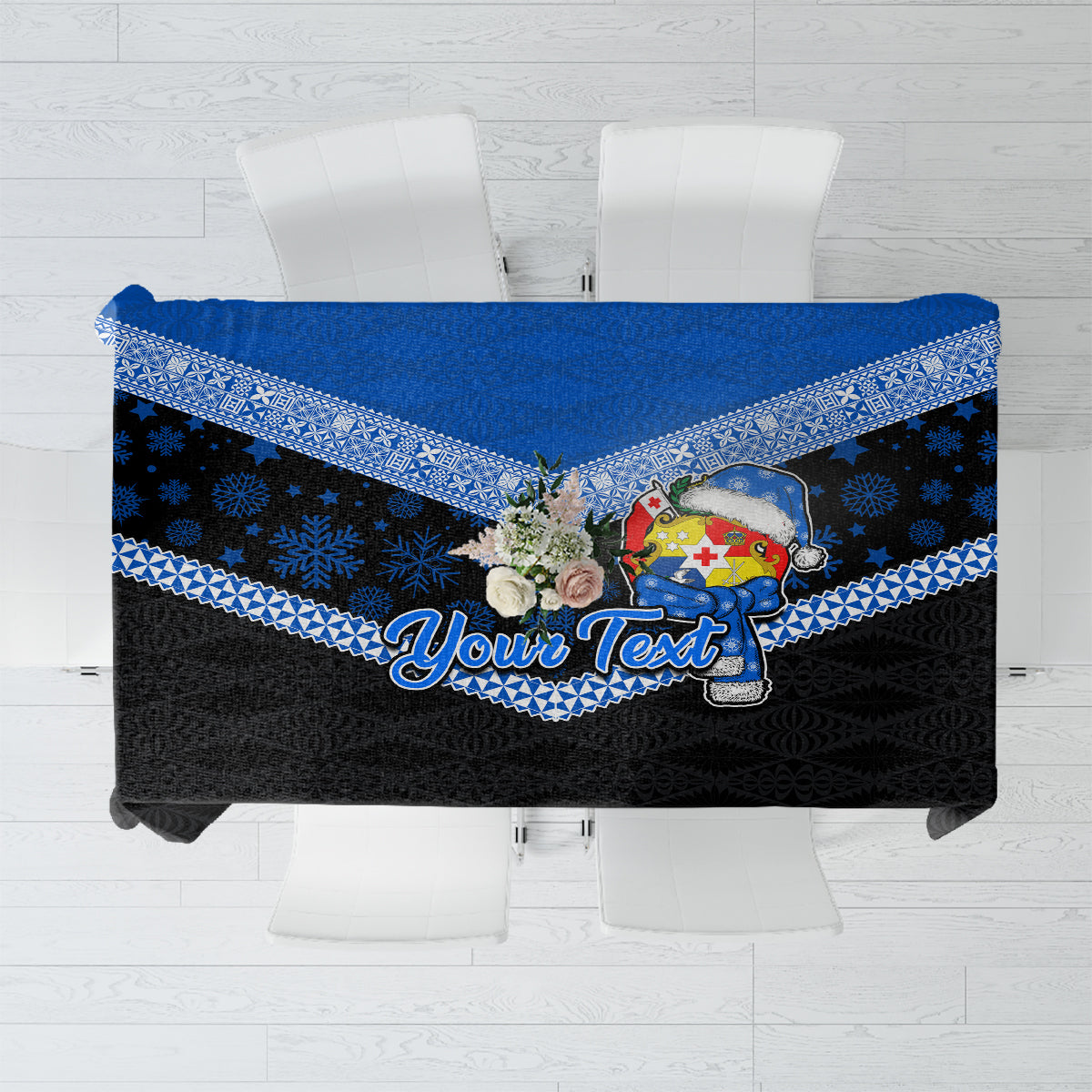 Personalised Tonga Christmas Tablecloth Tongan Coat of Arms Santa With Ngatu Pattern Christmas Blue Style LT03 Blue - Polynesian Pride