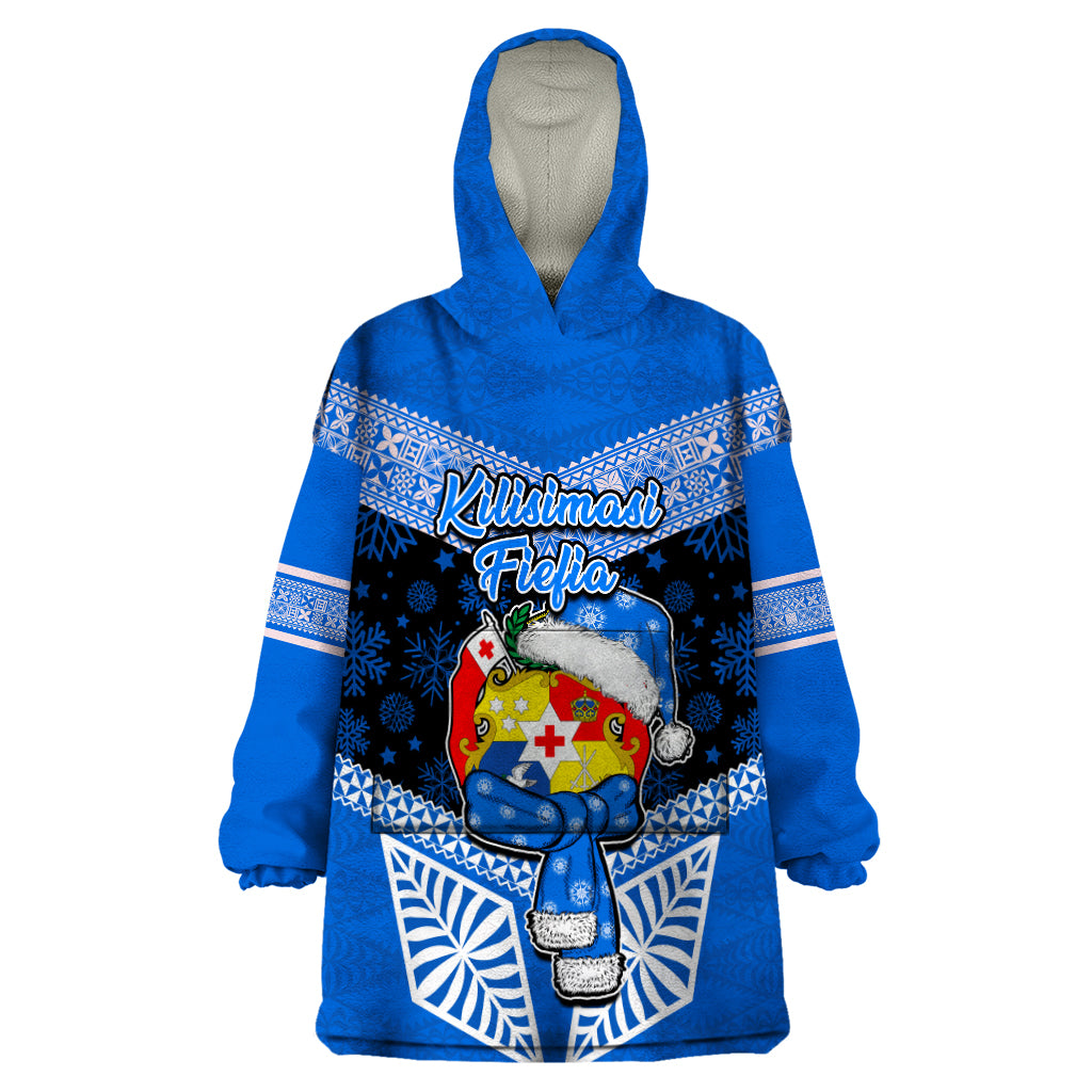 Personalised Tonga Christmas Wearable Blanket Hoodie Tongan Coat of Arms Santa With Ngatu Pattern Christmas Blue Style LT03 One Size Blue - Polynesian Pride